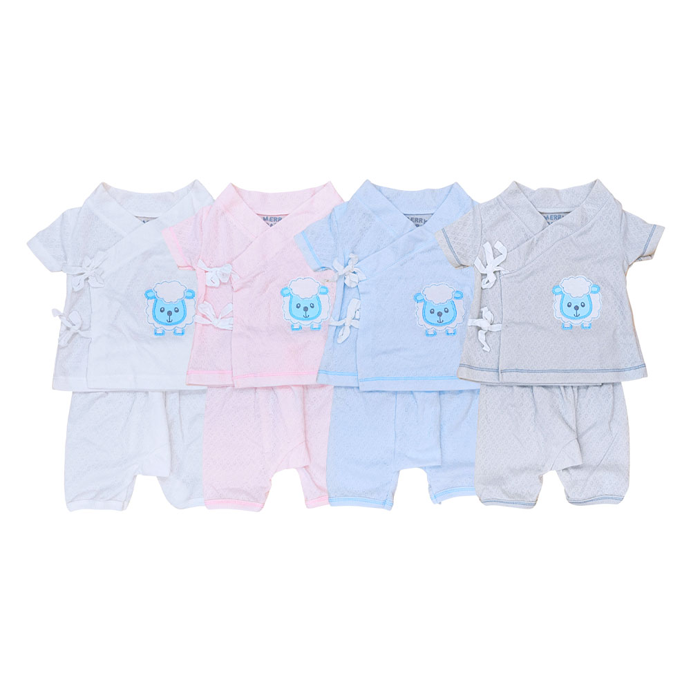 ชุดผูกหน้าแขนสั้น ผ้าถัก ไซส์ 0-3 เดือน ลายแกะ Merry Baby 1 ชุดผูกหน้าแขนสั้น ผ้าถัก ไซส์ 0-3 เดือน ลายแกะ Merry Baby