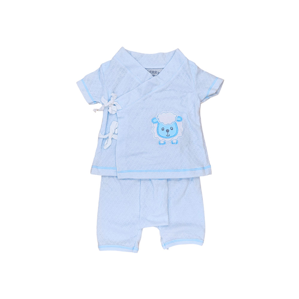 ชุดผูกหน้าแขนสั้น ผ้าถัก ไซส์ 0-3 เดือน ลายแกะ Merry Baby 5 1 blue 2